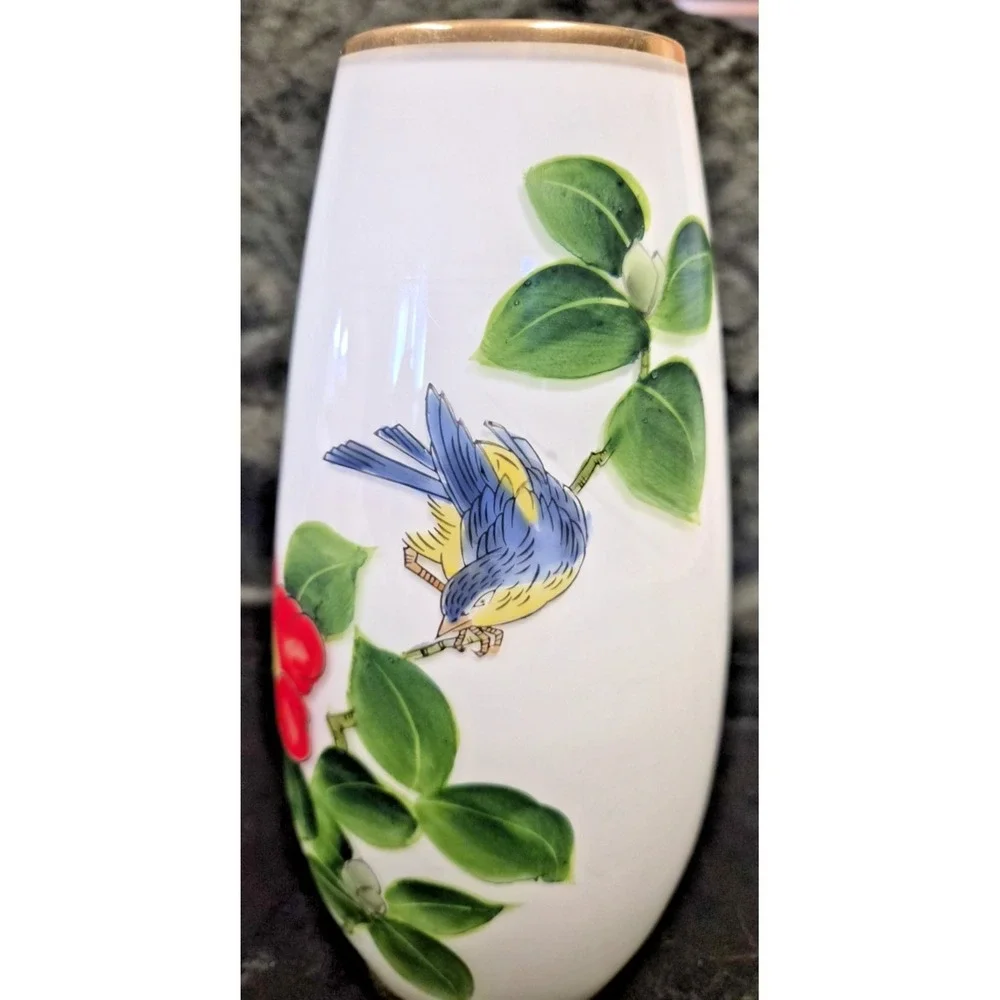 White Hand Painted Glass Bluebird and Camillia Flower Vase with Gold Accent